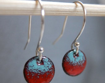 Small Circle Ombre Enamel Earrings, Red and Robin's Egg Blue Kiln Fired Glass Enamel, Sterling Silver Hooks, Small Dangle Earrings