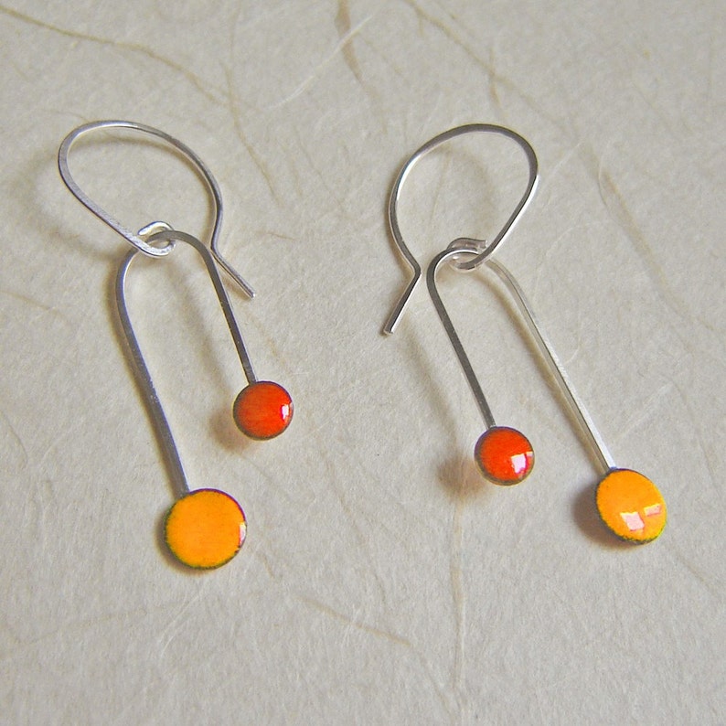 Double Dipper Arch Enamel Earrings: Tangerine Orange and Saffron Yellow Kiln Fired Glass Enamel and Sterling Silver image 3