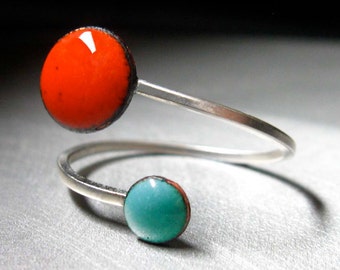 Orbit Enamel Ring, Tangerine Orange and Robin's Egg Blue, Adjustable Size, Kiln-fired Glass Enamel and Sterling Silver