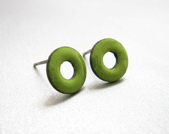 Lifesaver Loop Post Stud Earrings, Lime Green Kiln-Fired Glass Enamel and Sterling Silver, 24 Custom Colors Available