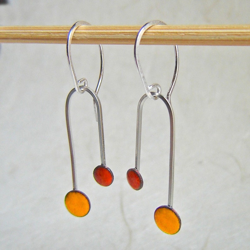 Double Dipper Arch Enamel Earrings: Tangerine Orange and Saffron Yellow Kiln Fired Glass Enamel and Sterling Silver image 1