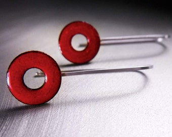 Lifesaver Drop Earrings, Kiln-Fired Cherry Red Glass Enamel, Sterling Silver Ear Wires