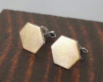 Brush Textured Brass Hexagon Geometric Post Stud Earrings