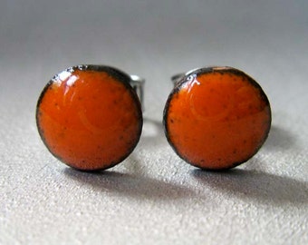 Tangerine Orange Enamel Mini Dot Stud Post Earrings, Kiln-fired Glass Enamel and Sterling Silver