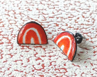 Enamel Rainbow Post Stud Earrings, Orange and White Glass Enamel  with Sterling Silver Posts