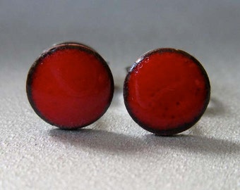 Cherry Red Enamel Mini Dot Stud Post Earrings, Kiln-fired Glass Enamel and Sterling Silver