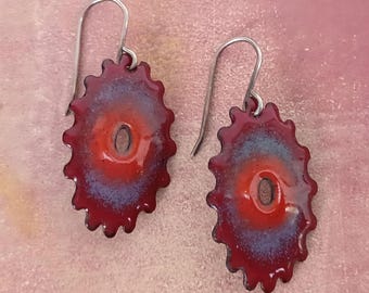 Colorful Oval Dangle Earrings with Enamel Gradient Design, Sterling Silver Earwires
