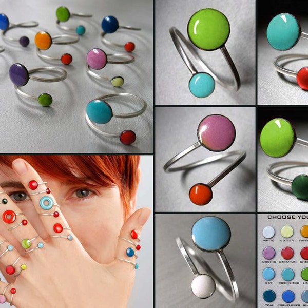 CUSTOM COLOR Enamel Orbit Ring: Choice of 24 Colors, Kiln-fired Glass Enamel and Sterling Silver, Adjustable Size Ring, Fits US Sizes 6-9