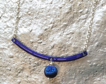 Cobalt Blue Enamel Sparkle Arc Necklace with Druzy Bead Charm and 18 Inch Sterling Chain, Reversible Minimalist Pop of Color Enamel Necklace