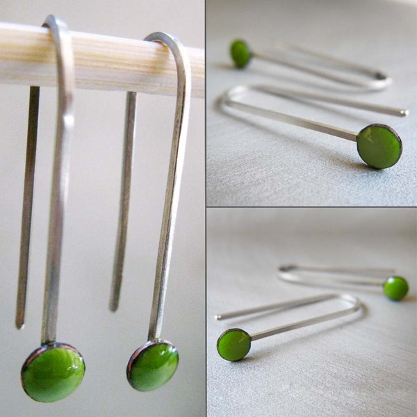 MicroDot Enamel Earrings, Lime Green Kiln-fired Glass Enamel and Sterling Silver