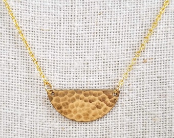 Hammered Half Circle Necklace, 14 Kt Gold Filled Pendant and 18 Inch Cable Chain