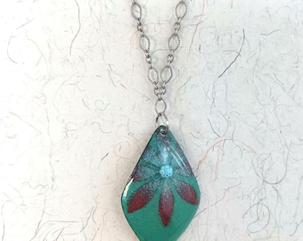 Enamel Drop Pendant Necklace, Emerald Green & Red Floral Design, 18" Gunmetal Chain