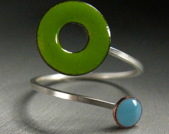 Lifesaver In Orbit Ring, Lime Green and Sky Blue Kiln-fired Glass Enamel and Sterling Silver, Adjustable Size US 6-9