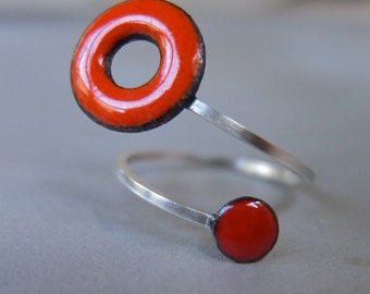 Lifesaver In Orbit Ring,Tangerine Orange and Cherry Red Kiln-fired Glass Enamel and Sterling Silver, Adjustable