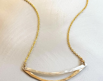Hammered Sterling Silver and Brass Arc Necklace, Minimalist Mixed Metal Layering 20 Inch Necklace