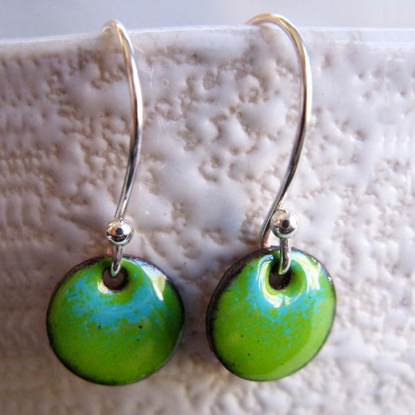 Small Circle Ombre Enamel Earrings, Lime Green and Robins Egg Kiln Fired Glass Enamel, Sterling Silver Hooks, Small Dangle Earrings