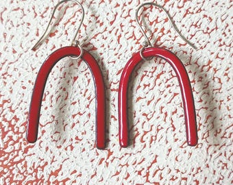 Scarlet Red Enamel Arch Earrings, Sterling Silver Dangle Earrings