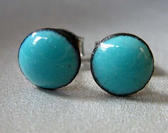 Robins Egg Blue Enamel Mini Dot Stud Post Earrings, Kiln-fired Glass Enamel and Sterling Silver