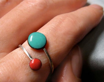 Orbit Enamel Ring, Robins Egg Blue and Cherry Red, Adjustable Size, Kiln-fired Glass Enamel and Sterling Silver