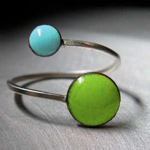 Orbit Enamel Ring, Lime Green and Sky Blue Circles, Adjustable Size US 6-9, Kiln-fired Glass Enamel and Sterling Silver image 5