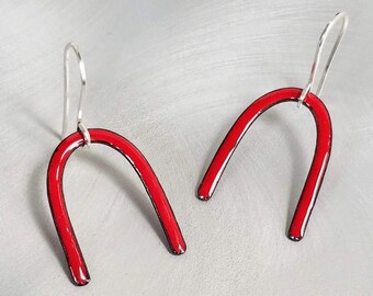 Enamel Arch Earrings, Scarlet Red Kiln-fired Glass Enamel Arch Dangle Earrings with Sterling Silver Ear Wires