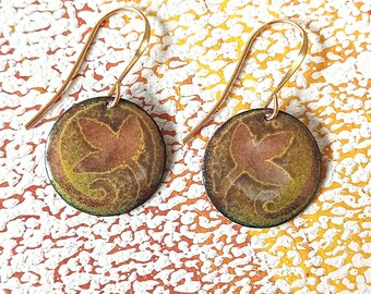 Small Enamel Dangle Earrings with Leaf Design