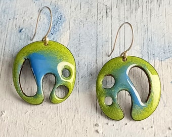Asymmetrical Enamel Dangle Earrings, Lime Green and Periwinkle Blue with Sterling Silver Ear Wires