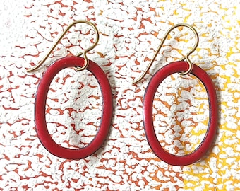 Red Enamel Oval Hoop Earrings: Niobium Hooks, Gold Tone