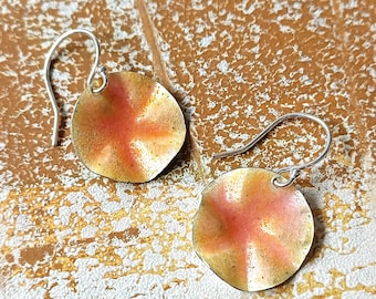 Enamel Abstract Flower Earrings, Citrus Pink Wavy Disc Dangle Earrings with Sterling Silver