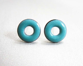 Lifesaver Loop Post Stud Earrings, Sky Blue Kiln-Fired Glass Enamel and Sterling Silver, 24 Custom Colors Available