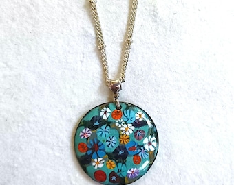 Glass Enamel Flower Pendant Necklace with 18 Inch Sterling Silver Cable Chain