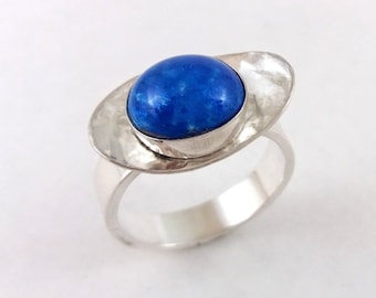 Lapis Blue Enamel Ring with Silver Sterling Band, US Womens Size 8