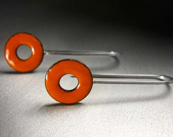 Lifesaver Drop Earrings, Tangerine Orange Kiln-Fired Glass Enamel and Sterling Silver, 24 Custom Colors Available
