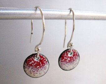 Small Circle Enamel Earrings, Cherry Red & Ivory Ombre Kiln Fired Glass Enamel, Sterling Silver Hooks, Small Dangle Earrings