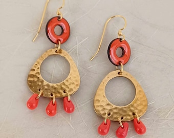 Boho Brass Dangle Earrings, Orange Enamel Glass and Bead Fringe, 14kt Gold Plated Earwires