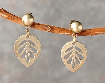 Bronze Leaf Dangle Stud Earrings with Bronze Ball Post Studs, Small Bronze Dangle Earrings for Fall/Autumn