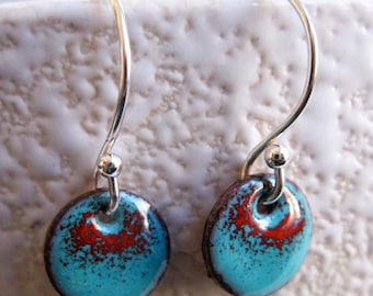Small Ombre Circle Enamel Earrings, Robins Egg and Cherry Red Glass Enamel, Sterling Silver Hooks, Small Dangle Earrings