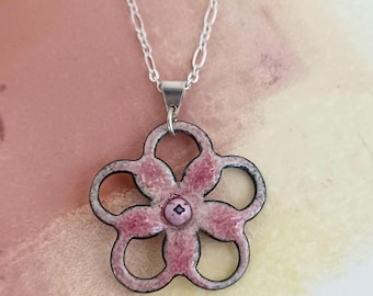 Dogwood Flower Enamel Pendant Necklace, with Millefiori Glass Center, 18 inch Silver Chain