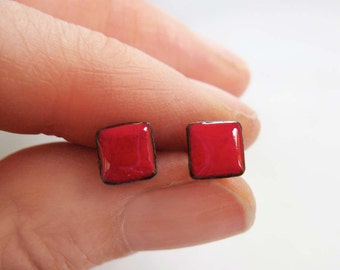 Cherry Red Enamel Mini Square Stud Post Earrings, 7mm Square Stud Earrings, Choice of 20 Glass Enamel Colors with Sterling Silver Posts