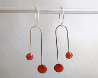 Enamel Double Dipper Arch Dangle Earrings, Cherry Red and Geranium Red Kiln Fired Glass Enamel and Sterling Silver Earrings