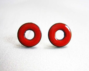 Lifesaver Loop Post Stud Earrings, Cherry Red Kiln-Fired Glass Enamel and Sterling Silver, 24 Custom Colors Available