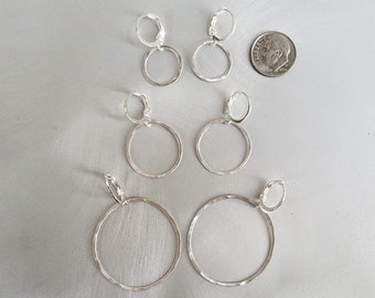 Simple Hammered Sterling Silver Round Hoop Dangle Earrings in 3 Sizes with Round Sterling Silver Leverback Hooks, 15mm, 20mm, 28mm Hoops