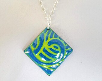 Square Diamond Shaped Glass Enamel Pendant Necklace with Teal Blue and Lime Green Swirl Pattern, 18 Inch or 20 Inch Sterling Silver Chain