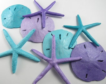 Mermaid Party Decorations, Real Painted Sand Dollars and Finger Starfish, 8 Pc Set