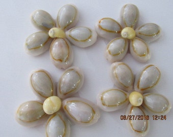 Shell Flowers, Set of 4 Handmade Cowry Seashell Flowers, Glue to Invitations, Scrapbook Pages, Sailors Valentines, Jewelry, Bulletin Board