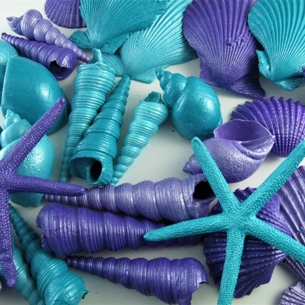 Mermaid Party Decorations, Real Seashells Painted in Mermaid Colors, 40 Piece Set, Includes 4 Painted Starfish