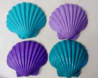 Large Real Scallop Seashells Painted in Mermaid Colors, Set of 4