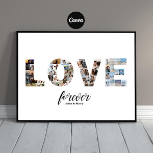 Puede incluir: Impresión enmarcada con la palabra "LOVE" compuesta por collages de fotos. Debajo, la palabra "forever" está escrita en cursiva, con "John & Mary" debajo. El marco es negro y el fondo es blanco.