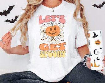 Camiseta de Halloween Let's Get Spooky, linda camiseta de fantasma, camiseta de Halloween para mujer, linda camiseta de otoño, camiseta de temporada espeluznante, regalo para Halloween
