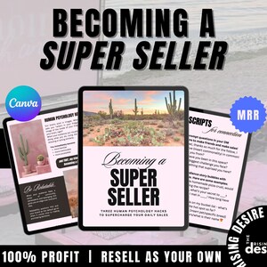Può includere: Un mockup di prodotto digitale con uno sfondo rosa e bianco. Il prodotto è una guida digitale intitolata "Diventare un super venditore: Tre trucchi di psicologia umana per aumentare le tue vendite giornaliere". La guida è visualizzata su un tablet con un cactus sullo sfondo. Il testo "Editable with Canva" è nell'angolo in alto a sinistra dell'immagine. Il testo "Guadagna il 100% di profitto | Rivendi come tuo" è nella parte inferiore dell'immagine.